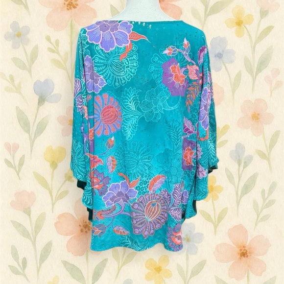 Bob Mackie Wearable Art XL Teal Floral Rhinestone Tunic Blouse Boho Top - Picture 3 of 5